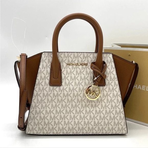 Michael Kors Small Avril Leather Top Zip Satchel Crossbody Bag Vanilla